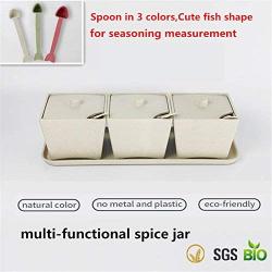 Seasoning Rack Spice Pots, 3 Piece Wheat Straw Seasoning Measuring Box - Storage Container Condiment Jars With Cover And 3 Spoons