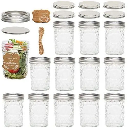 Glasbehälter 8 OZ, 12er Set Konservierungsgläser mit Standarddeckeln und Bändern/Papiertagungen & Schnur/Zusätzliche 6 Deckel, Ideal für Marmelade, Honig, Hochzeitsschönes, Duschschönes, Babynahrung