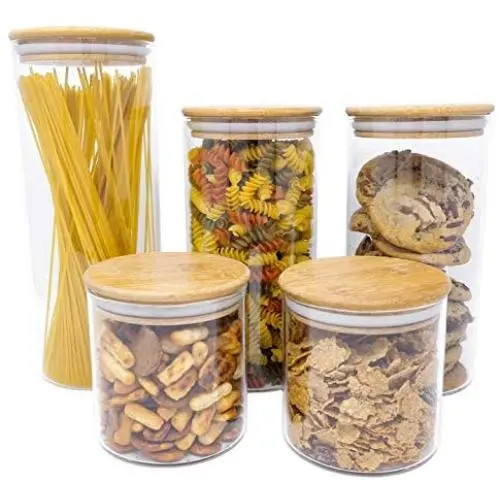 5er Set Glas Lebensmittelbehälter mit Bambusdeckeln – Ideal für Nüsse, Pasta, Mehl, Zucker, Reis, Kekse, Süßigkeiten.