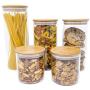 5 PC Airtight Glass Food Storage Jars Set Canister Kitchen Container With Natural Bamboo Lids For Nuts, Pasta, Flour, Sugar, Rice, Cookies, Candy