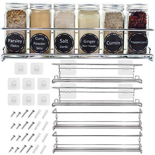 Spice Racks Organizer For Cabinet Door Mount, Wall Mounted: Unique Racks Design to Secure Jars - Set of 4 Spices & Seasoning Chrome Hanging Shelf Kit - Storage in Kitchen, Pantry, Cupboard, Countertop