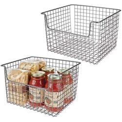 mDesign Metal Kitchen Pantry Food Storage Organizer Basket - Farmhouse Grid Design with Open Front for Cabinets, Cupboards, Shelves - Holds Potatoes, Onions, Fruit - 12" Wide, 2 Pack - Graphite Gray