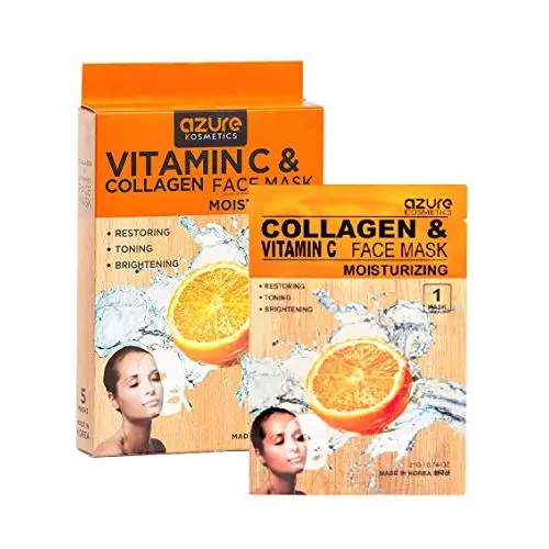 AZURE Vitamin C & Kollagen Feuchtigkeitsmaske – Reduziert Zeichen der Alterung | Tiefenfeuchtigkeitsspendend & Straffend | Verbessert die Elastizität | Made in Korea – 5er Pack