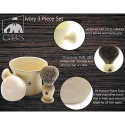 GBS Mens Wet Shaving Set Ivory -3 Piece set - Pure Badger Hair Shaving Brush, Ceramic Mug and 97% All Natural Shave Soap Compliments any Shaving Razor For The Best Shave Great Gift Men