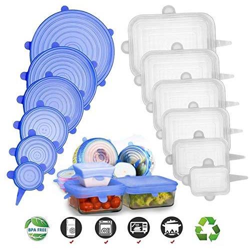 Adpartner Silicone Stretch Lids (12-Pack, Round & Rectangle), BPA-free Silicone Lids to Fit All Shape of Containers, Stretchable Food Covers Reusable Container Lids, Microwave and Dishwasher Safe