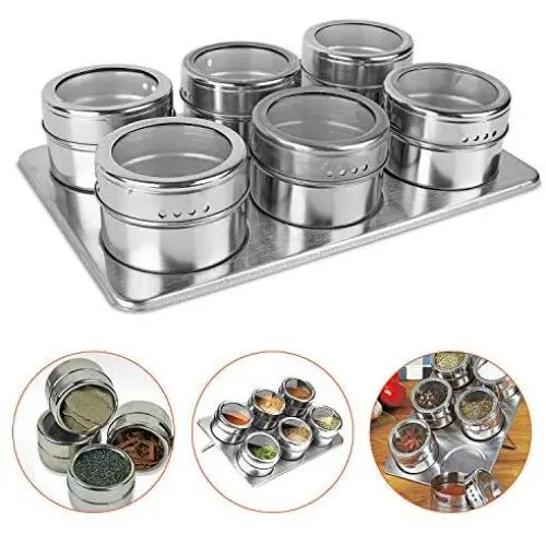 Boîtes de Condiments Magnétiques Woody’s 6 Pièces + Support en Acier Inoxydable Boîtes de Condiments Magnétiques Woody’s 6 Pièces + Support en Acier Inoxydable