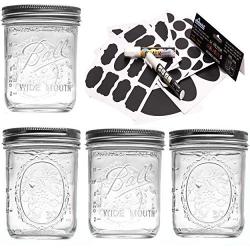 Ball Mason Jars 16 oz Wide Set of 4 Bundle With eHomeA2Z 62 Premium Reusable Chalkboard Stickers