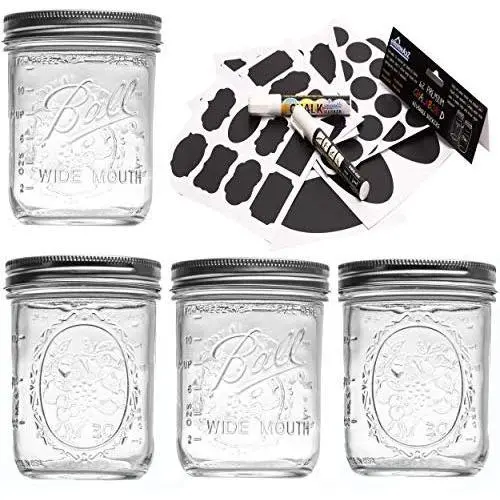 Ball Mason Jars 16 oz Wide Set of 4 Bundle With eHomeA2Z 62 Premium Reusable Chalkboard Stickers Ball Mason Jars 16 oz Wide Set of 4 Bundle With eHomeA2Z 62 Premium Reusable Chalkboard Stickers