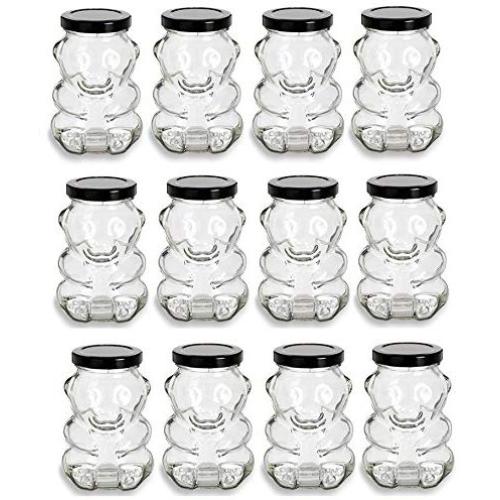 Nakpunar 12 pcs 9 oz Glass Bear Jars with Black Lids for Honey, Candies, Piggy Banks (12, Black)