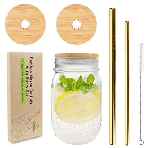 Mason Jar Lids with Straw Hole, CNVOILA ECO Reusable Bamboo Mason Jar Lids for Regular Mouth Mason Jar with 2 Reusable Stainless Steel Straw – 2 LIDS & Golden Straw Mason Jar Lids with Straw Hole, CNVOILA ECO Reusable Bamboo Mason Jar Lids for Regular Mouth Mason Jar with 2 Reusable Stainless Steel Straw – 2 LIDS & Golden Straw