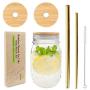 Mason Jar Lids with Straw Hole, CNVOILA ECO Reusable Bamboo Mason Jar Lids for Regular Mouth Mason Jar with 2 Reusable Stainless Steel Straw – 2 LIDS & Golden Straw