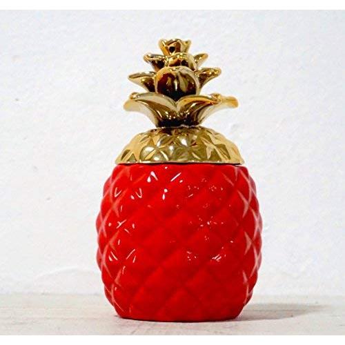 Colorful Pineapple Cookie Jar with Lid - Ceramic Container, Storage Container Handcrafted Food Jar, Aqua Gloss With Gold Metallic Crown, Kitchenware Essentials (Red)