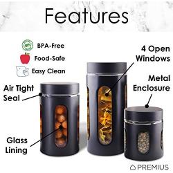 AIR-TIGHT KITCHEN CANISTER SET By Premius, 3-Piece Glass and Metal Canisters, Quick Access And Space Saving, Great Safe And Fresh Food, Convenient Sizes, Modern Design (Matte Black)