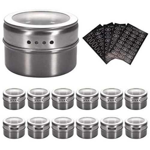 Aylson 12 Magnetic Spice Tins, Stainless Steel Storage Spice Containers Magnetic on Fridge, Spice Jar rack Organizers. Includes 120 Spice Labels