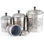 4 Piece Antique Pewter Embossed Heritage Canister Set Silver Steel