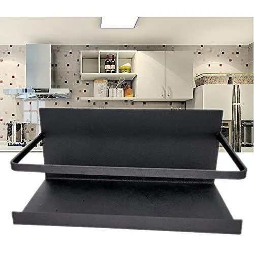 Küchenregal Set – 2 Stück, Klappbar, Kühlschrank-Organizer mit Magneten, Gewürzregal, Papierrollehalter – Vielseitige Küchenregalablage mit Holzhalter, rostfrei, Klein & Schwarz
