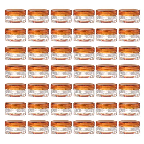 LONGWAY 0.17 Oz (5g) Muticolor Small Plastic Jars with Lids | Mini Empty Lotion Containers - for Travel Cream Samples, Lip Balm & BPA Free (Pack of 42, Orange)