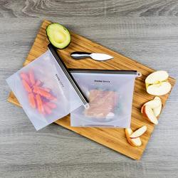 Reusable Food Storage Bags Microwave and Freezer Safe Leakproof Steam and Boil Friendly Includes 4 Clear Quart Size Silicone Resealables and One Scrubbing Pad by Enviro-Savvy