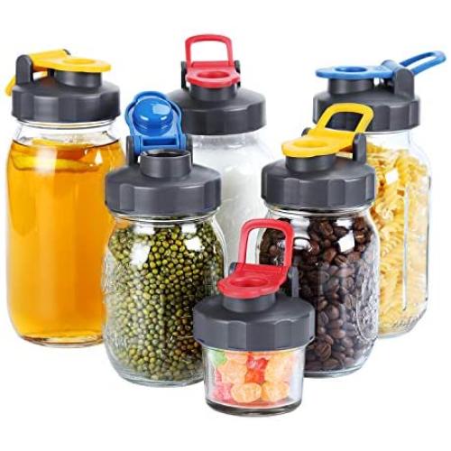 6 Pack of Flip Cap Mason Jar Lids with Leak-proof & Airtight Seal and Easy Pour Spout - REGULAR MOUTH