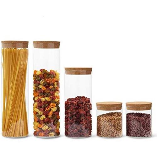 Glass Storage Jar With Cork Lid - Spaghetti, Pasta, Cereal, Candy, Cookie, Coffee, Sugar, Rice, Other Food Storage In Bulk - 5 Piece Set Of Glass Canisters, Kitchen, Pantry - Organization Container