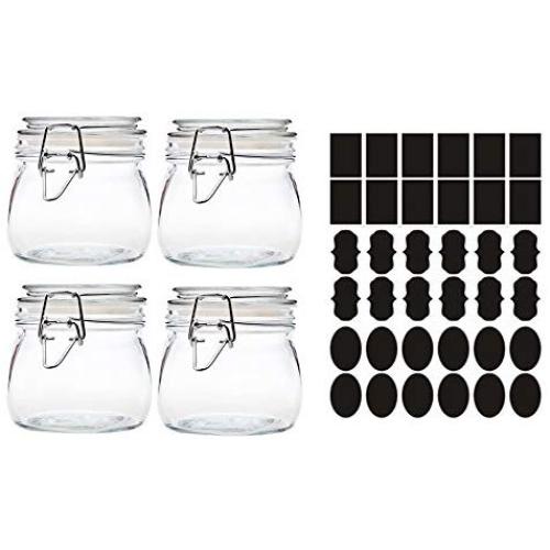 Kitchen Glass Jars,Gosear 4 PCS 250ml Round Clear Glass Kitchen Storage Canister Jars + 36 PCS Chalkboard Labels Stickers for Home Kitchen Snack Foods Sauces Arts Crafts Projects Decoration