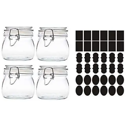 Glasbehälter für die Küche, Gosear 4 Stück 250ml Runde Klare Glas-Küchenbehälter + 36 Stück Schablonen-Schriftzug-Aufkleber für Haus-, Küche, Snacks, Soßen, Kunsthandwerk, Dekorationsprojekte