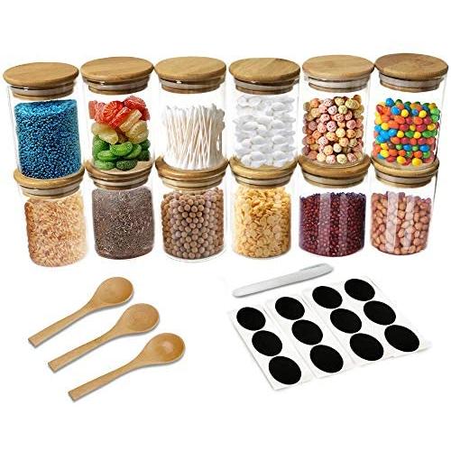 12 Piece Glass Jars with Natural Bamboo Lids with 3 Bamboo Spoons for Home Kitchen 8oz - Tea, Flour, Cookie, Candy & Spices - Small Food Storage Airtight Canister Sets for Kitchen Pantry Organization