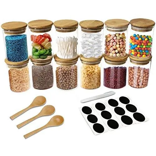 Ensemble de 12 Pots en Verre avec Couvercles en Bambou Naturel et 3 Cuillères en Bambou - Pour la Cuisine à la Maison, Idéal pour le Thé, la Farine, les Biscuits, les Bonbons et les Épices - Petits Récipients de Rangement Airtight pour les Provisions de C Ensemble de 12 Pots en Verre avec Couvercles en Bambou Naturel et 3 Cuillères en Bambou - Pour la Cuisine à la Maison, Idéal pour le Thé, la Farine, les Biscuits, les Bonbons et les Épices - Petits Récipients de Rangement Airtight pour les Provisions de C