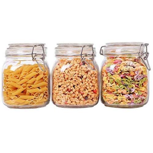 ComSaf Airtight Glass Canister Set of 3 with Lids 34oz Food Storage Jar Square - Storage Container with Clear Preserving Seal Wire Clip Fastening for Kitchen Canning Cereal,Pasta,Sugar,Beans,Spice