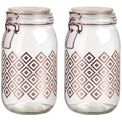 Amici Home, 7CN135S2R, Pasadena Rose Gold Collection, Ikat Milan Extra Large Hermetic Preserving Glass Canister, Clear Glass Lid, Food Safe, 50 Ounces, Set of 2