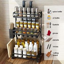 3 Tier Metal Kitchen Spice Rack Countertop Standing Corner Shelf Removable Seasoning Organizer Jars Bottle Storage Knife Utensils Cutting Board Holders with 3 Hooks, Black