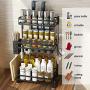 3 Tier Metal Kitchen Spice Rack Countertop Standing Corner Shelf Removable Seasoning Organizer Jars Bottle Storage Knife Utensils Cutting Board Holders with 3 Hooks, Black