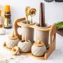 Ceramic Condiment Jar Set, Retro Spice Jars With Bamboo Lids Spoons Wooden Tray For Home Food Storage-a