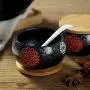 Japanischer Stil Retro Glasur Keramik Zucker Schachtel Set Zuckerdispenser Salztopf Pfefferbehälter Würzebehälter mit Holzdeckel und Löffel