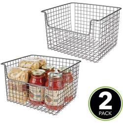 mDesign Metal Kitchen Pantry Food Storage Organizer Basket - Farmhouse Grid Design with Open Front for Cabinets, Cupboards, Shelves - Holds Potatoes, Onions, Fruit - 12" Wide, 2 Pack - Graphite Gray