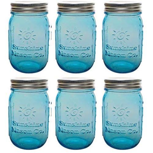 Sunshine Mason Co. Pint Regular Mouth Glas Jarren Vintage Blau Farbe mit Silber Deckel 6 Pack