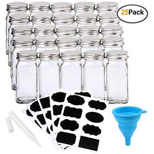 Brajttt 25 Pieces of French Square Glass Spice Bottles 4oz Spice Jars with Sliver Plastic Lids, and Labels