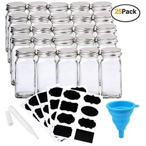 Brajttt 25 Pieces of French Square Glass Spice Bottles 4oz Spice Jars with Sliver Plastic Lids, and Labels Brajttt 25 Pieces of French Square Glass Spice Bottles 4oz Spice Jars with Sliver Plastic Lids, and Labels