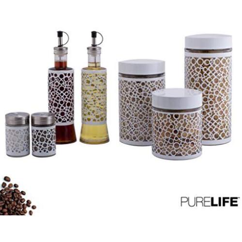 Canisters Sets for the Kitchen, Salt and Pepper Shakers & Vinegar and Olive Oil Dispensers 7 Pc Set - Glass Food Storage Containers W/Condiment Jars & Refillable Bottles - Covered in White Metal