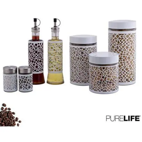 Ensemble Canisters pour Cuisine, Sel et Poivre, Vaporisateur Vinaigre et Huile d'Olive - 7 Pièces - Récipients en Verre avec Pots à Condiments et Bouteilles Remplissables - Recouverts de Métal Blanc Ensemble Canisters pour Cuisine, Sel et Poivre, Vaporisateur Vinaigre et Huile d'Olive - 7 Pièces - Récipients en Verre avec Pots à Condiments et Bouteilles Remplissables - Recouverts de Métal Blanc
