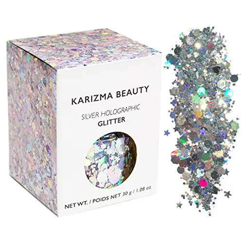 Poudre Holographique Argentée Chunky Glitter ✮ Grand Pot 30g KARIZMA BEAUTY ✮ Poudre Glitter Cosmétique Visage Corps Ongles