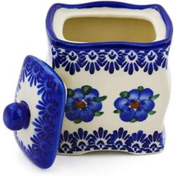 Polish Pottery 4?-inch Jar with Lid (Blue Flower Halo Theme) Signature UNIKAT + Certificate of Authenticity