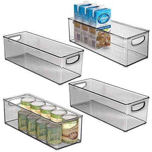 mDesign Plastic Kitchen Pantry Cabinet, Refrigerator or Freezer Food Storage Bins with Handles - Organizer for Fruit, Yogurt, Snacks, Pasta - Food Safe, BPA Free, 6" Wide, 4 Pack - Smoke Gray