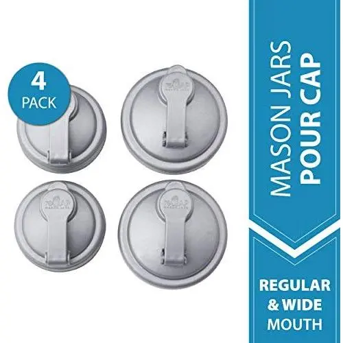 reCAP Mason Jars Lid POUR Cap, 2 Regular Mouth, 2 Wide Mouth, Silver ? BPA-Free, American Made Ball Mason Jar Lids for Preparing, Serving & Storage, Spill Proof - Made with No-Break Materials reCAP Mason Jars Lid POUR Cap, 2 Regular Mouth, 2 Wide Mouth, Silver ? BPA-Free, American Made Ball Mason Jar Lids for Preparing, Serving & Storage, Spill Proof - Made with No-Break Materials