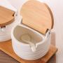 LQQGXLCondiment bottle, jar condiment storage box Spice jar white, ceramic sugar jar with lid, condiment jar, seasoning box set with lid spoon and tray