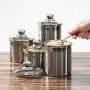 Beautiful Canisters Sets for the Kitchen Counter, Small Sized, 4-Piece Stainless Steel with Glass Lids and 20 ml Measuring Scoop - SilverOnyx Tea Coffee Sugar Canisters - 4pc Glass Lids