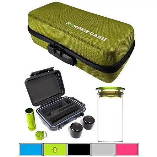 BOMBER CASE - Pax 2 & 3 Deluxe Kit mit Großer, Versiegelter Geruchsdichter Aufbewahrungsbox, Mini Geruchsdichter Tragetasche, Glas-Kräuterglas, Bumper Endkappen, Aluminium Material Flasche, Verschlusszipper (Grün)