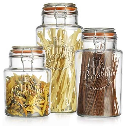 Set of 3 Brooklyn Canister Clear Glass Round Jar with Hermetic Seal Tight Lids for Kitchen or Bathroom - Food Storage Containers