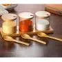 Taimot Glas Geschmacksstoffeimer mit Holzschnapsel, Küchen Glas Gewürz Box Set – 3 Geschmacksstoffeimer + 3 Löffel + Bambus-Basis Ablage, 10 oz, Gewürzbehälter, Zuckerbehälter, Teebehälter