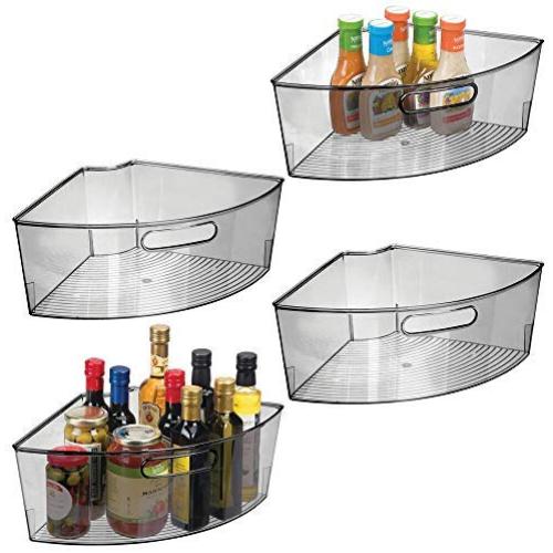 mDesign Kitchen Cabinet Plastic Lazy Susan Storage Organizer Bins with Front Handle - Large Pie-Shaped 1/4 Wedge, 6" Deep Container - Food Safe, BPA Free, 4 Pack - Smoke Gray